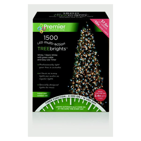 1500 LED Multi Action Treebrights With Timer - White/Warm White/Green Cable