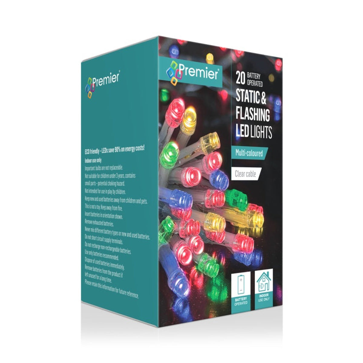 20 Static & Flashing LED Lights - Multi Coloured/Clear Cable