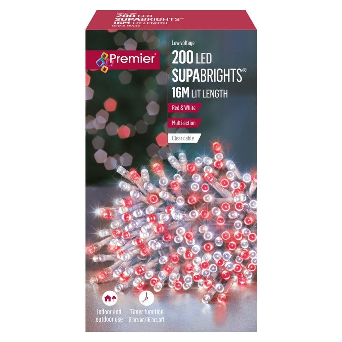 200 LED Multi Action Supabrights With Timer - Red & White/Clear Cable