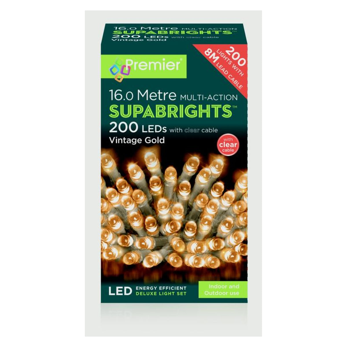 200 LED Multi Action Supabrights With Timer - Vintage Gold/Clear Cable