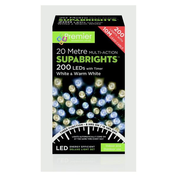 200 LED Multi Action Supabrights With Timer - White-Warm White/Green Cable