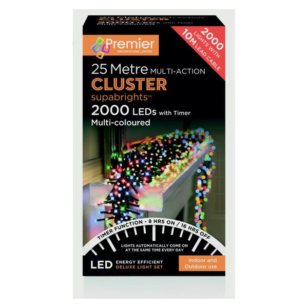 2000 LED Multi Action Supabrights Cluster Lights With Timer - Multi/Green Cable