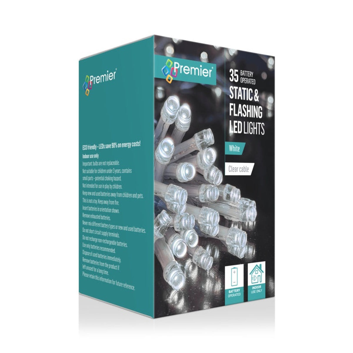 35 Static & Flashing LED Lights - White/Clear Cable