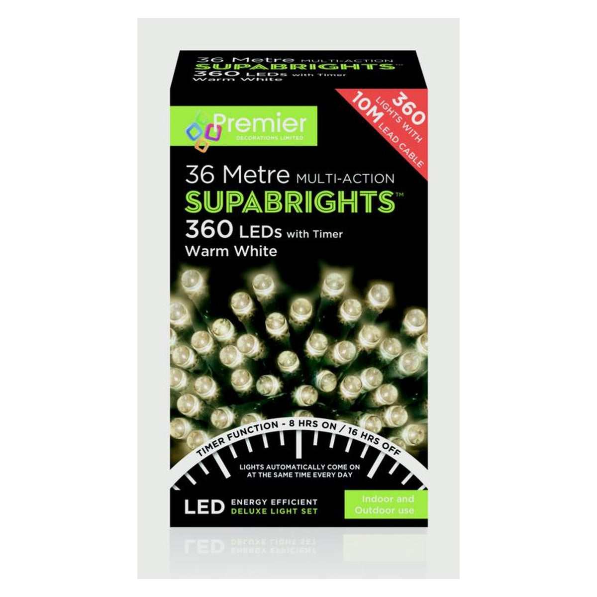 360 LED Multi Action Supabrights With Timer - Warm White/Green Cable