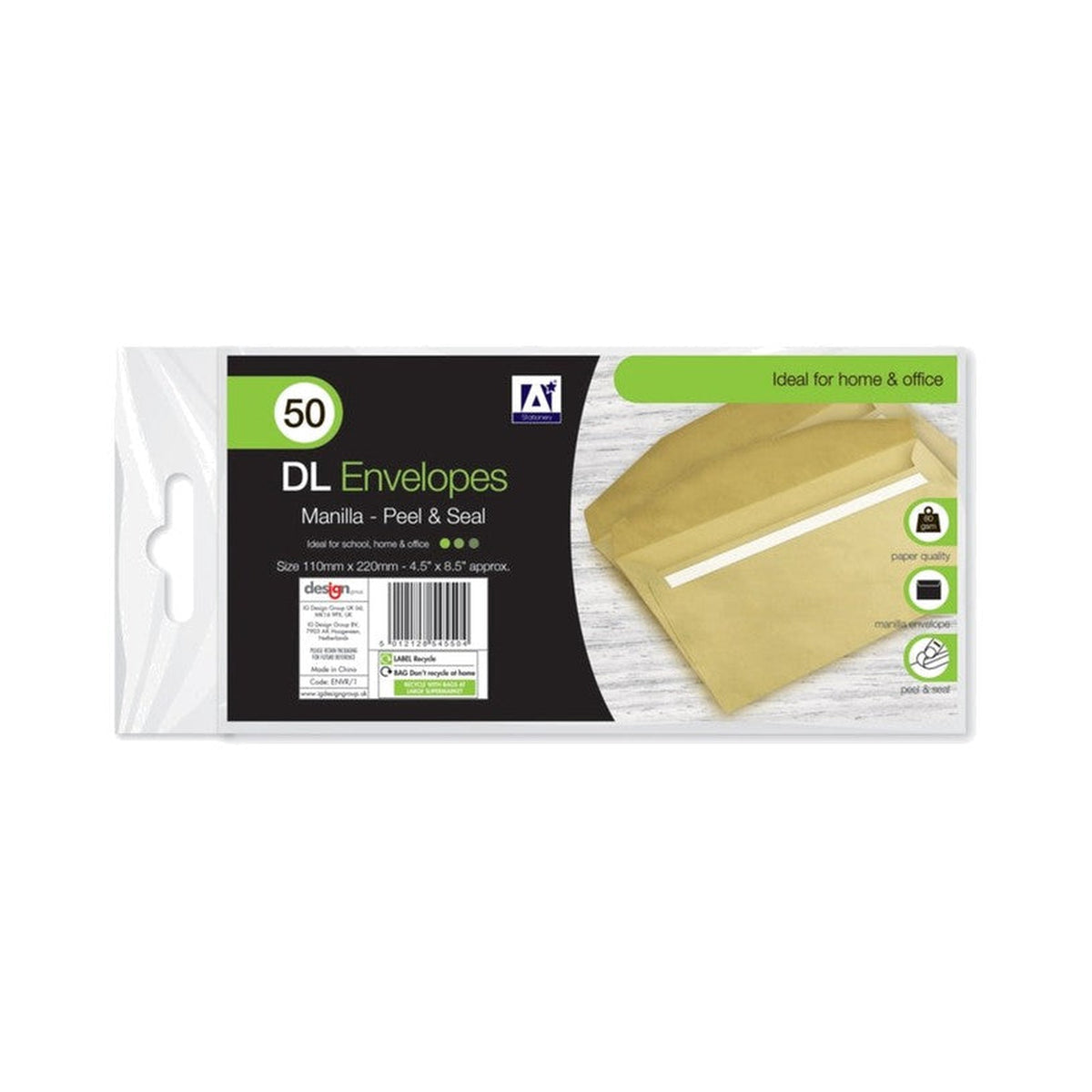 A Star DL Gummed Manila Envelopes - 220 x 110mm, Pack of 30