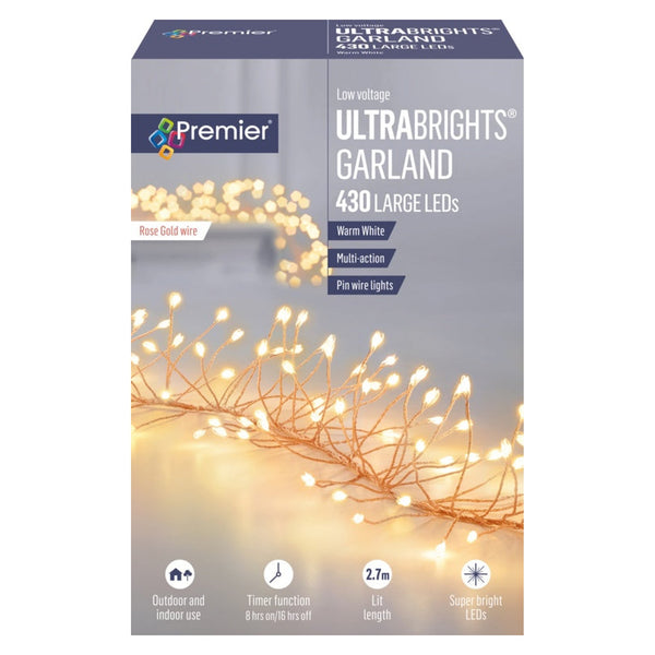 430 LED Multi Action Ultra Brights Garland - Warm White /Rose Gold Wire