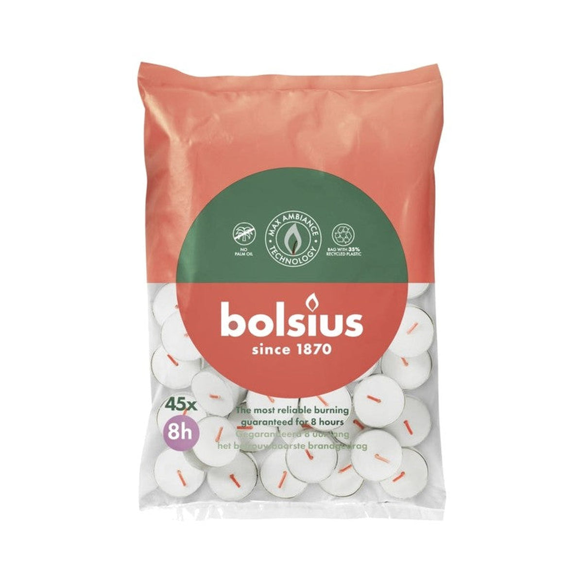 Bolsius 8 Hour White Tealights, Bag of 45