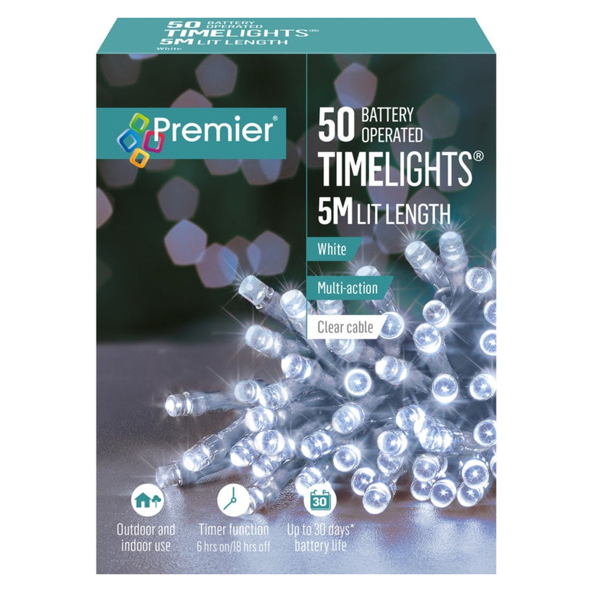 50 LED Multi Action Battery Operated TIMELIGHTS™ - White/Clear Cable