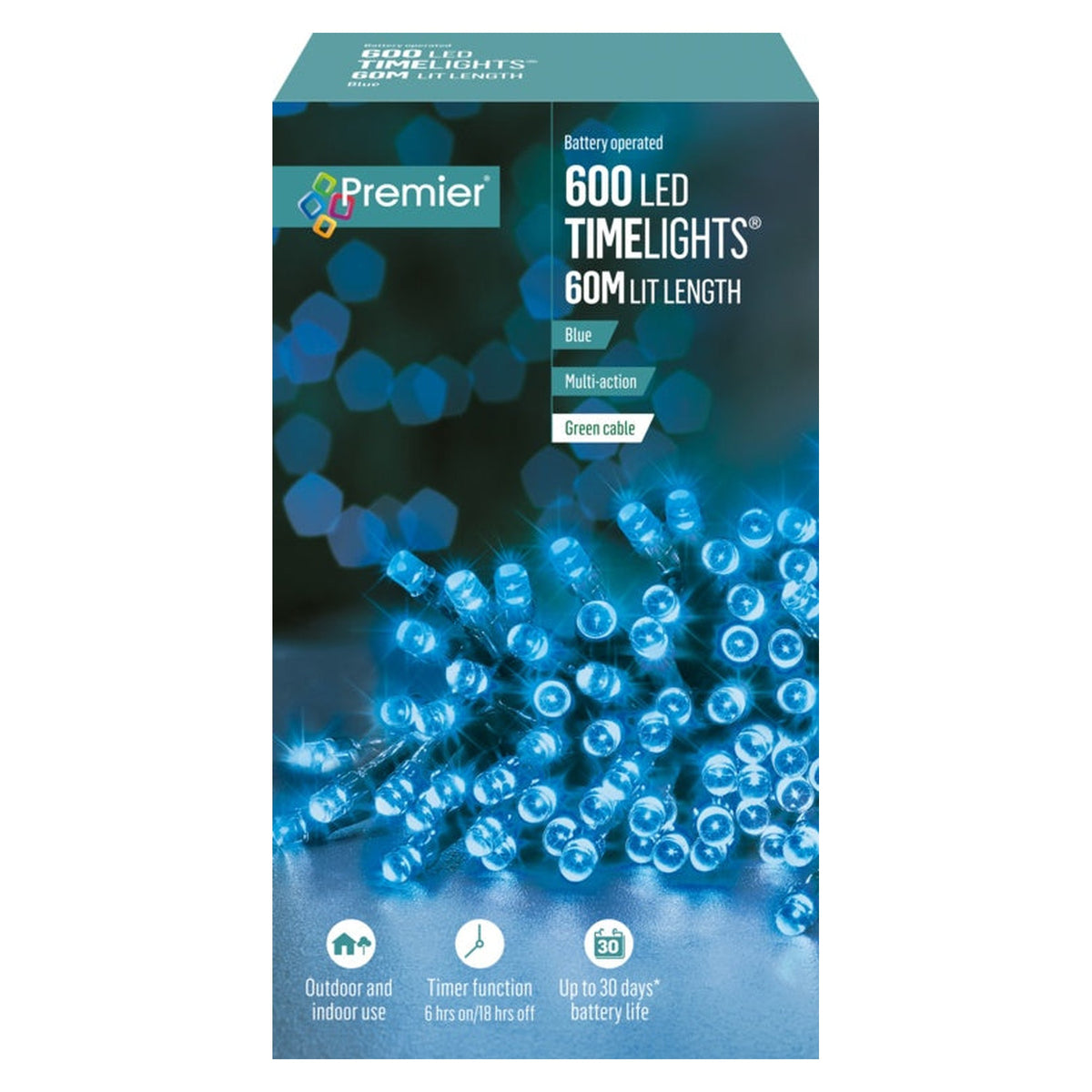 600 LED Multi Action Battery Operated TIMELIGHTS™ - Blue/Green