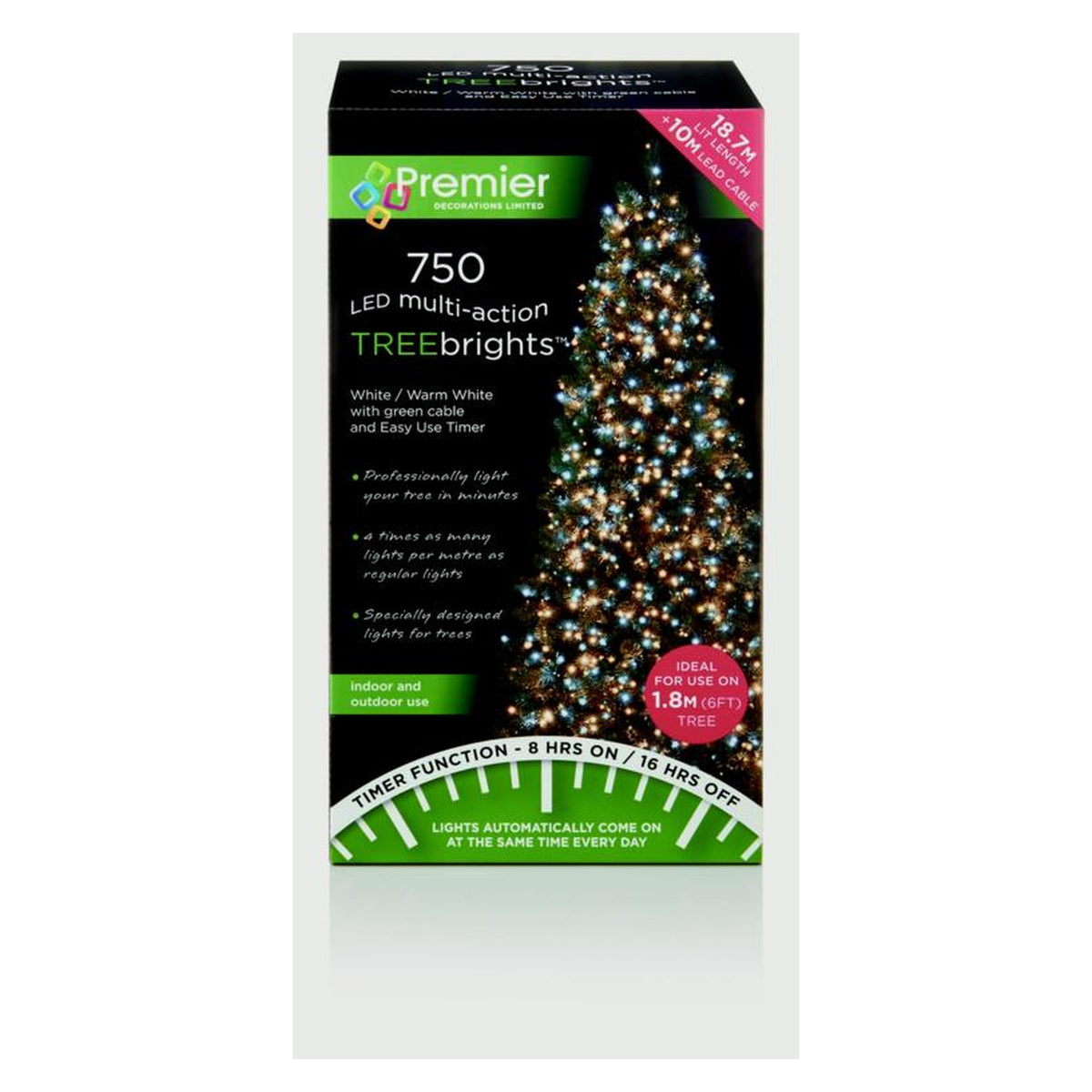 750 LED Multi Action Treebrights With Timer - White Warm White//Green Cable