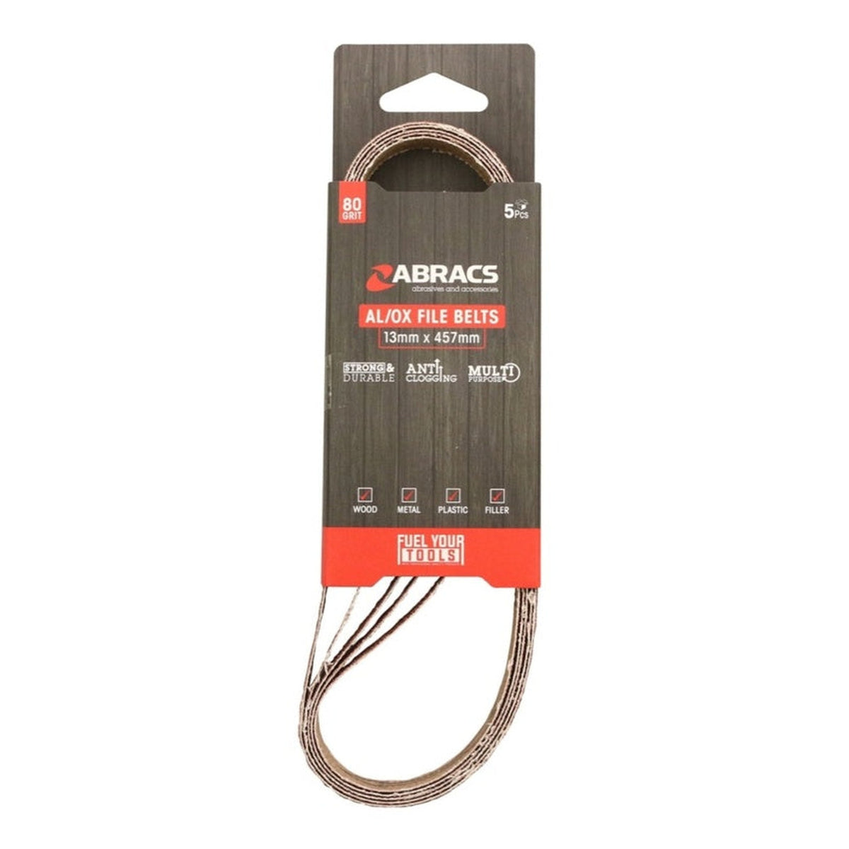 Abracs 13mm x 457mm file belts, 80 grit, pack of 5