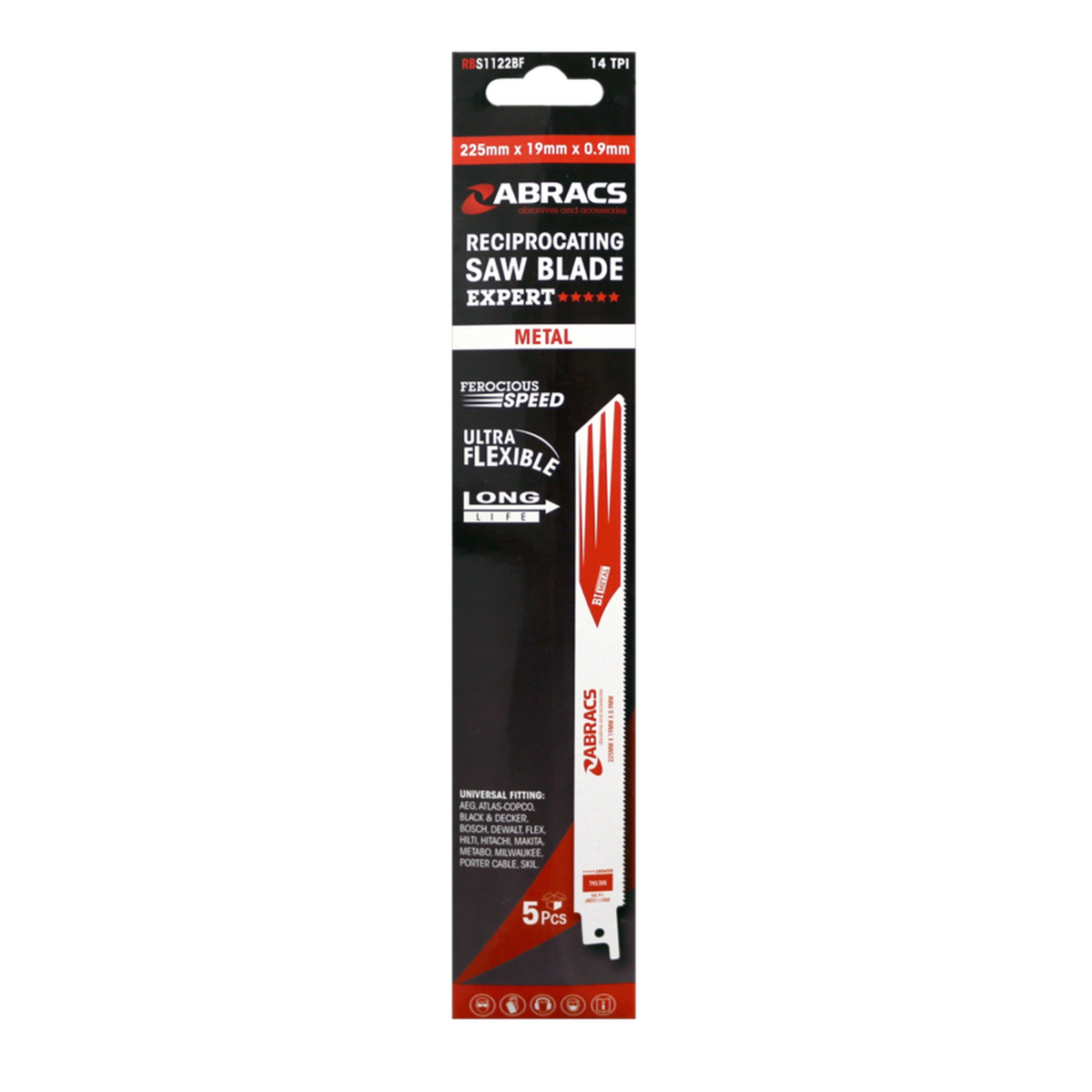 Pack of 5 Abracs reciprocating saw blades for metal