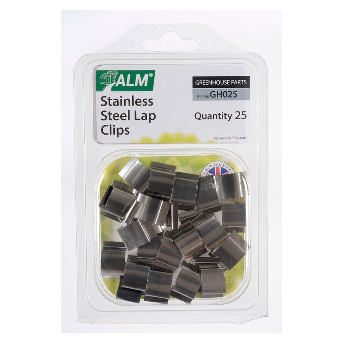 Pack of 25 ALM stainless steel sprung greenhouse glazing lap clips