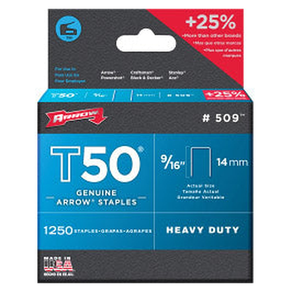 Arrow T50 14mm heavy duty staples, 1250 pack