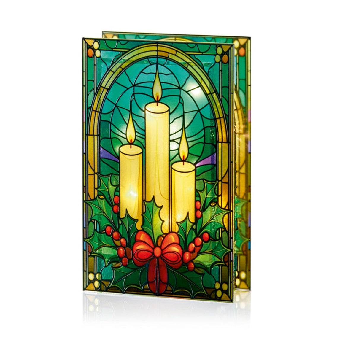 Battery Operated Lit Candles & Holly Glass Table Top 50 Warm White LEDs - 21x13