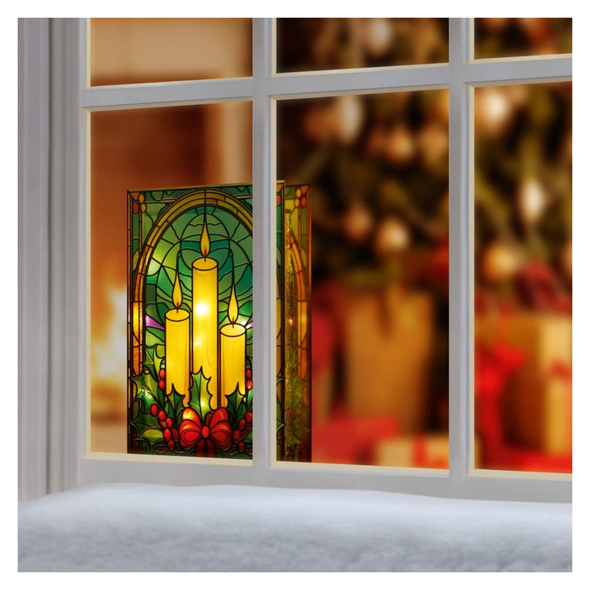 Battery Operated Lit Candles & Holly Glass Table Top 50 Warm White LEDs - 21x13, view 4