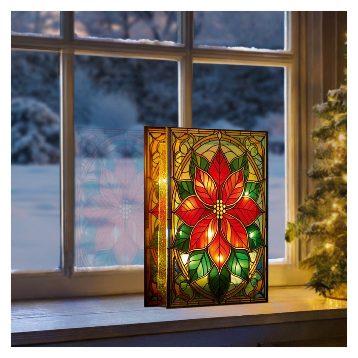 Battery Operated Lit Poinsettia Glass Table Top 50 Warm White LEDs - 21x13, view 3