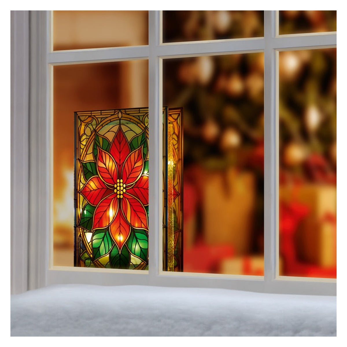 Battery Operated Lit Poinsettia Glass Table Top 50 Warm White LEDs - 21x13, view 4
