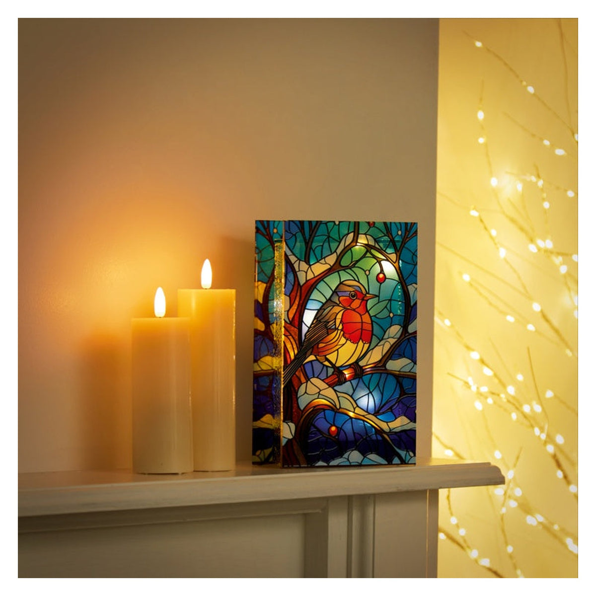 Battery Operated Lit Robin Branch Glass Table Top 50 Warm White LEDs - 21x13, view 4