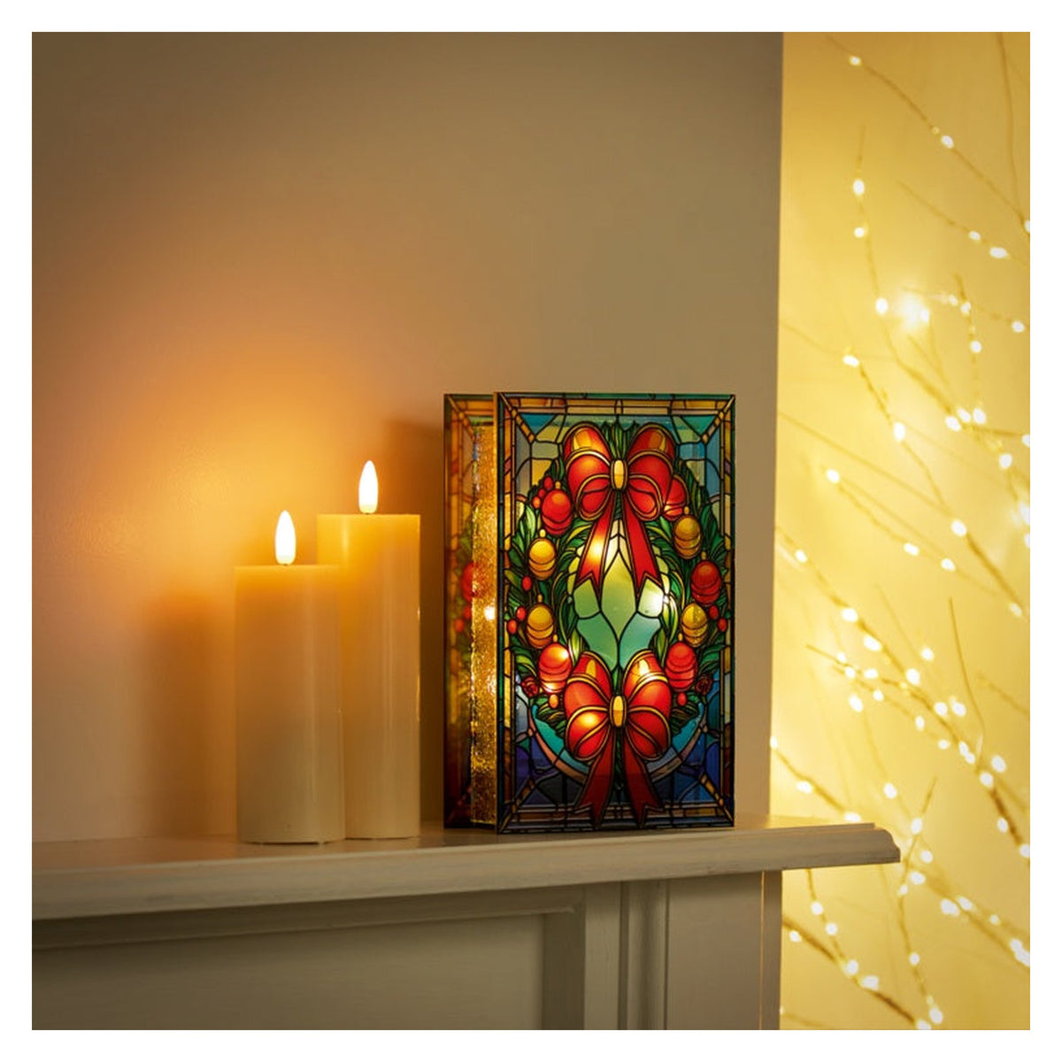 Battery Operated Lit Wreath Glass Table Top 50 Warm White LEDs - 21x13, view 3