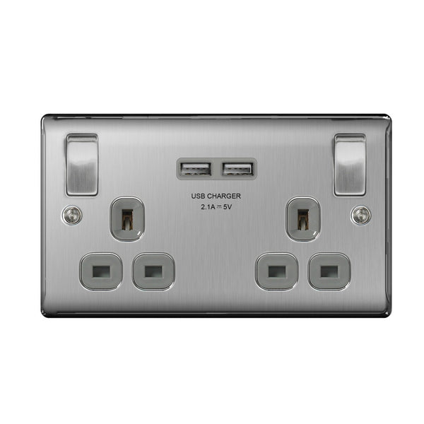 BG brushed steel 2 gang 13A switched socket with USB