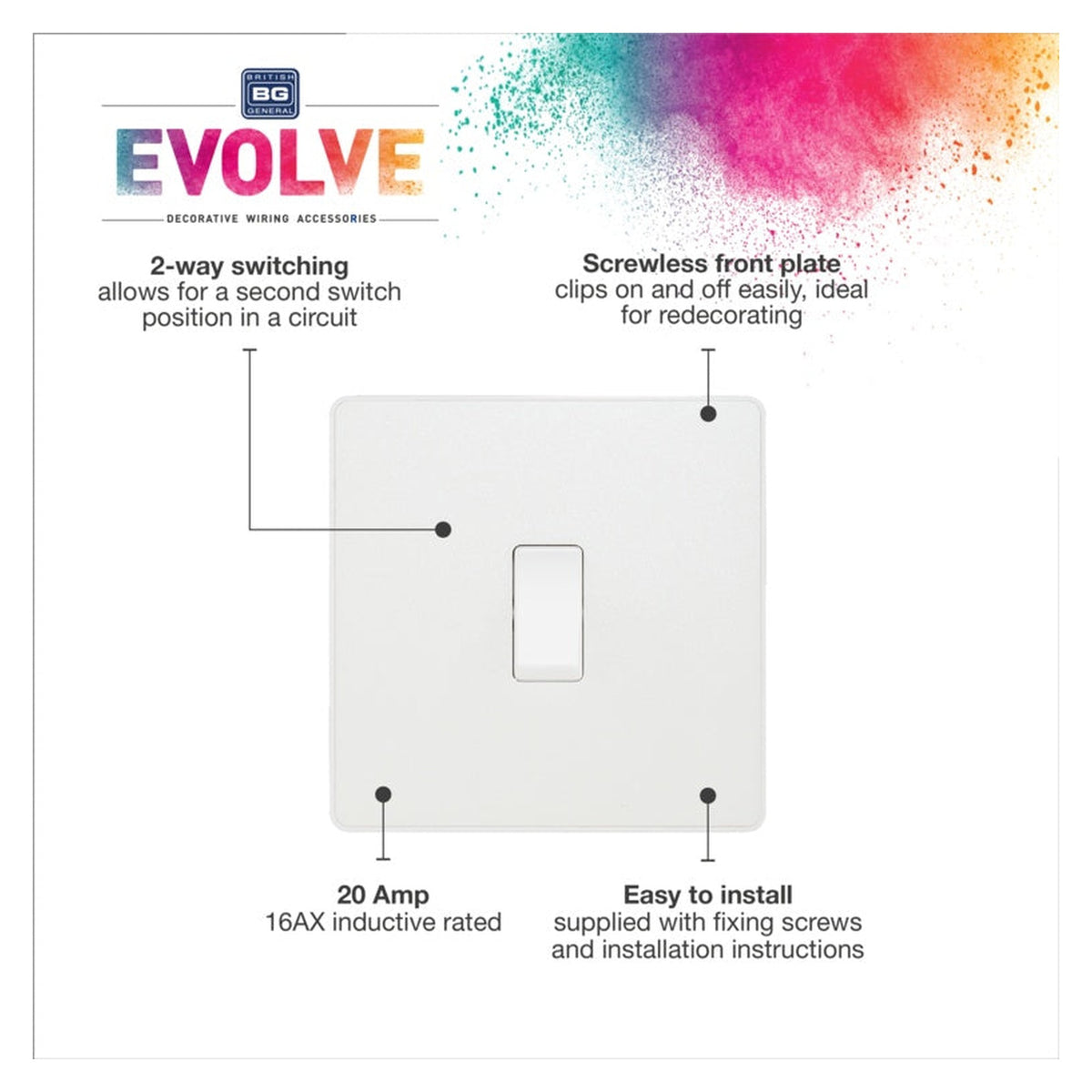 BG 20A 1 gang 2 way switch in pearlescent white, view 3