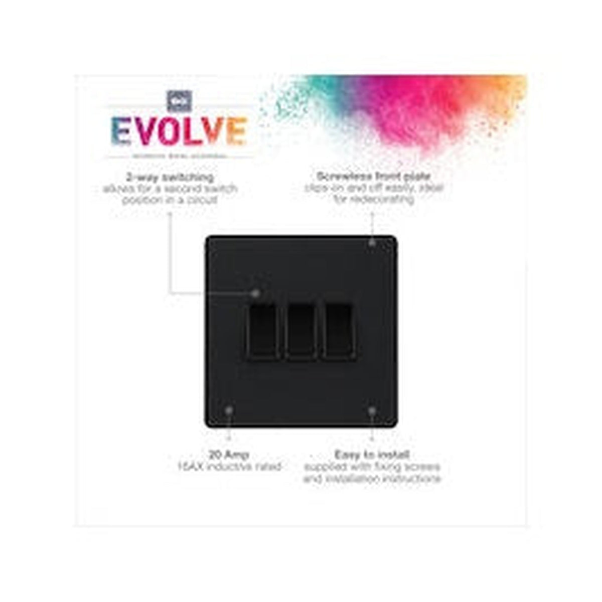 BG matt black 3 gang 2 way plastic switch, view 3