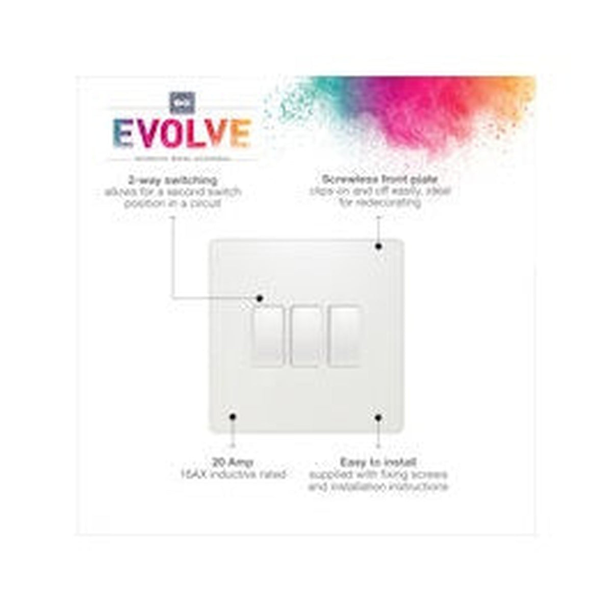 BG 3 gang 2 way plastic switch in pearlescent white, view 3