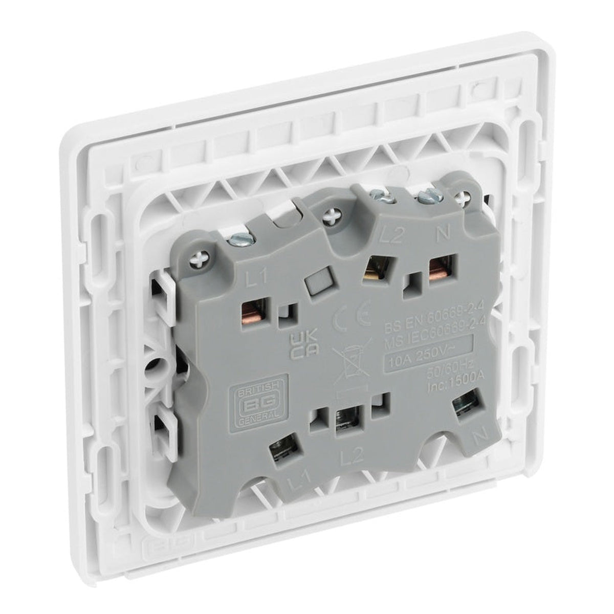 BG Evolve pearlescent white 10A triple pole fan isolator switch, view 2