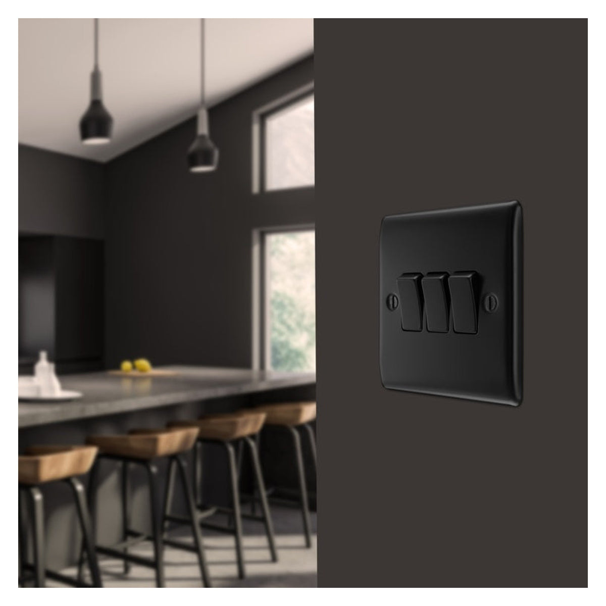 BG matt black triple 2 way light switch