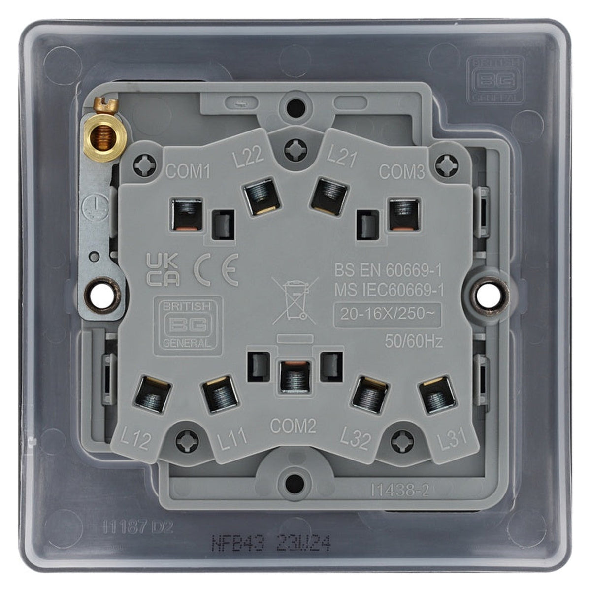 BG matt black triple 2 way light switch, view 3
