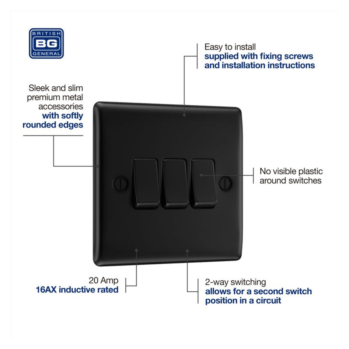 BG matt black triple 2 way light switch, view 5
