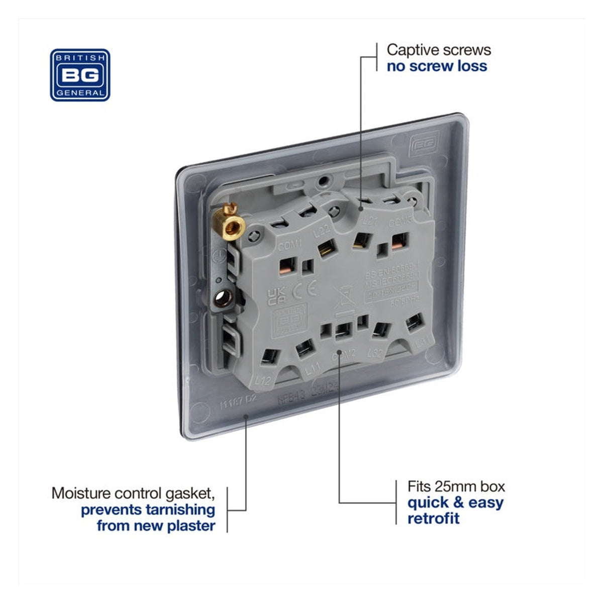 BG matt black triple 2 way light switch, view 6