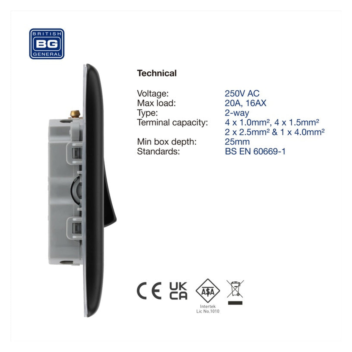 BG matt black triple 2 way light switch, view 7