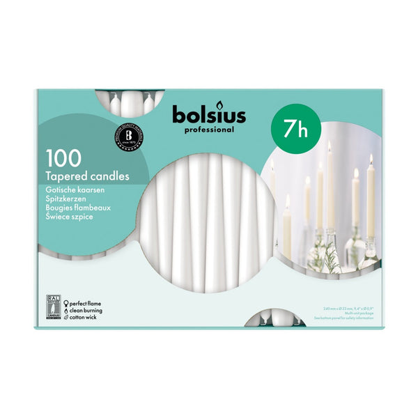 Bolsius white tapered candles box of 100