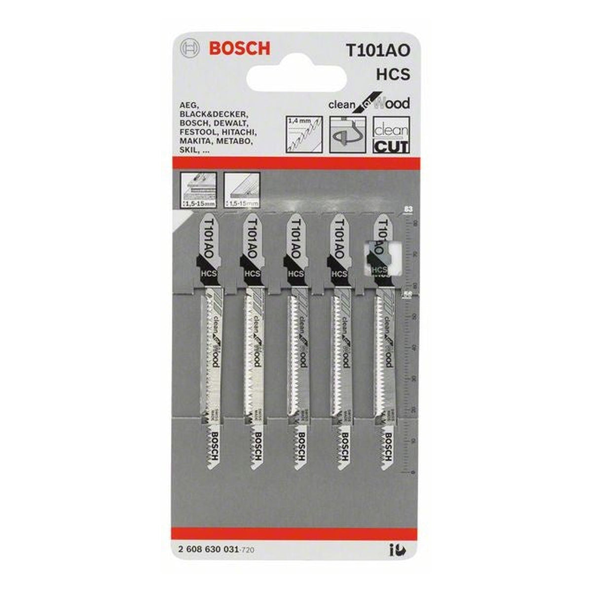Pack of five Bosch Clean for Wood Curve jigsaw blades