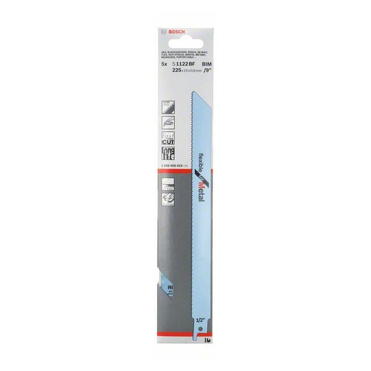 Pack of five Bosch S1122BF sabre saw blades for metal