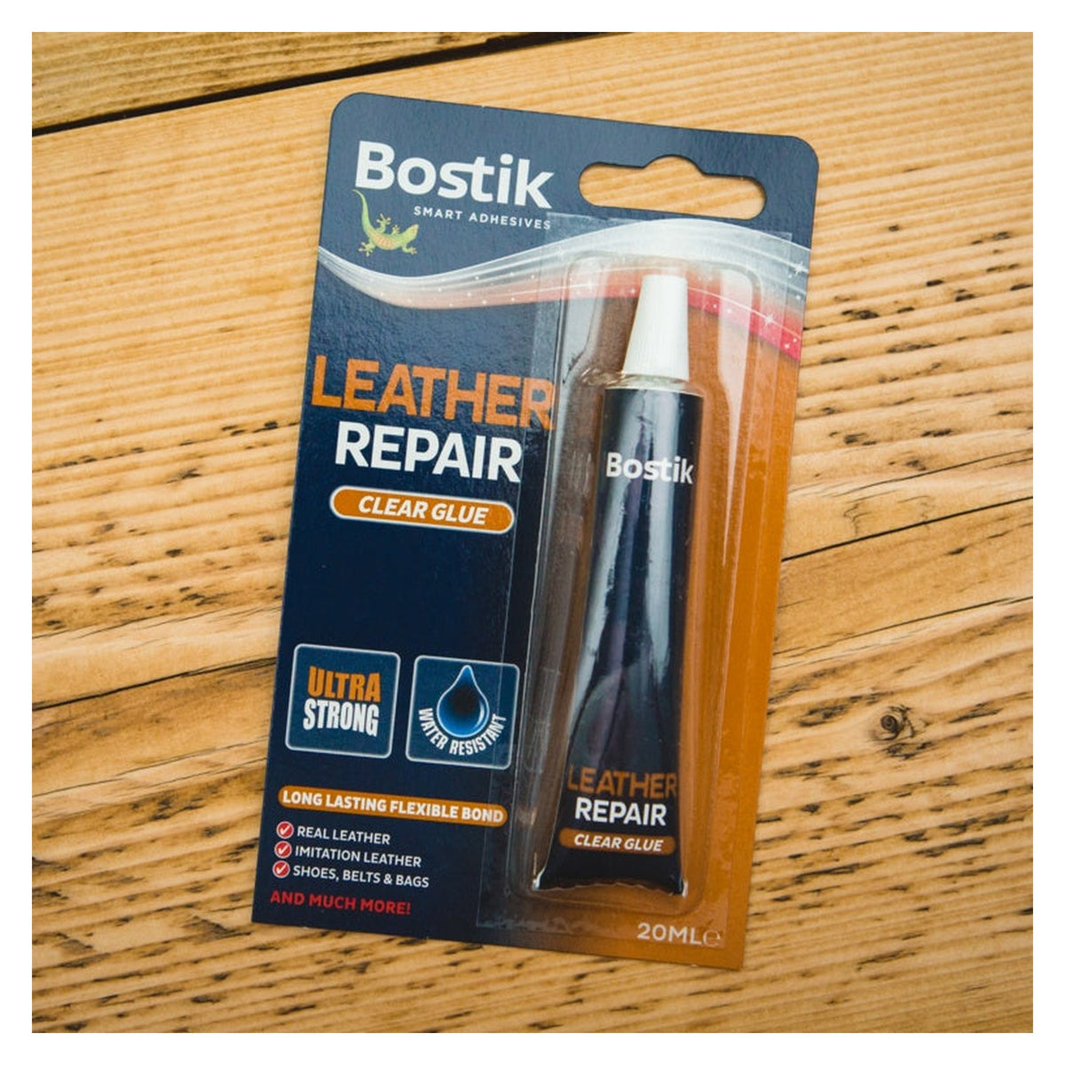 Bostik leather adhesive 20ml tube on card, view 2
