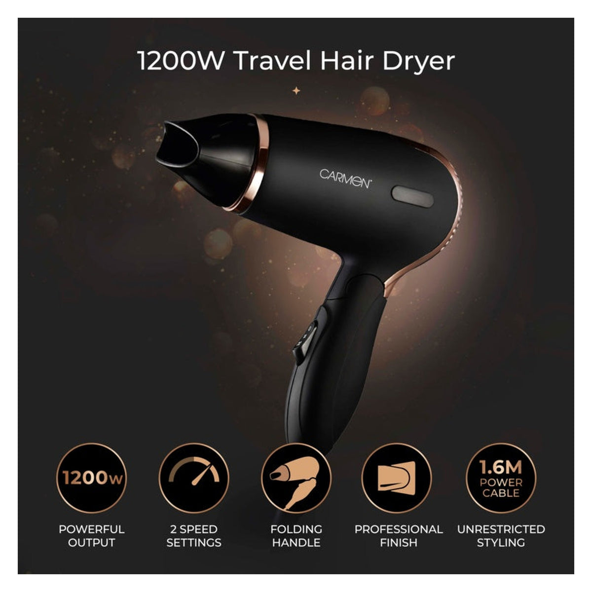 Carmen Noir 11 travel hair dryer in black, 1200W, view 2