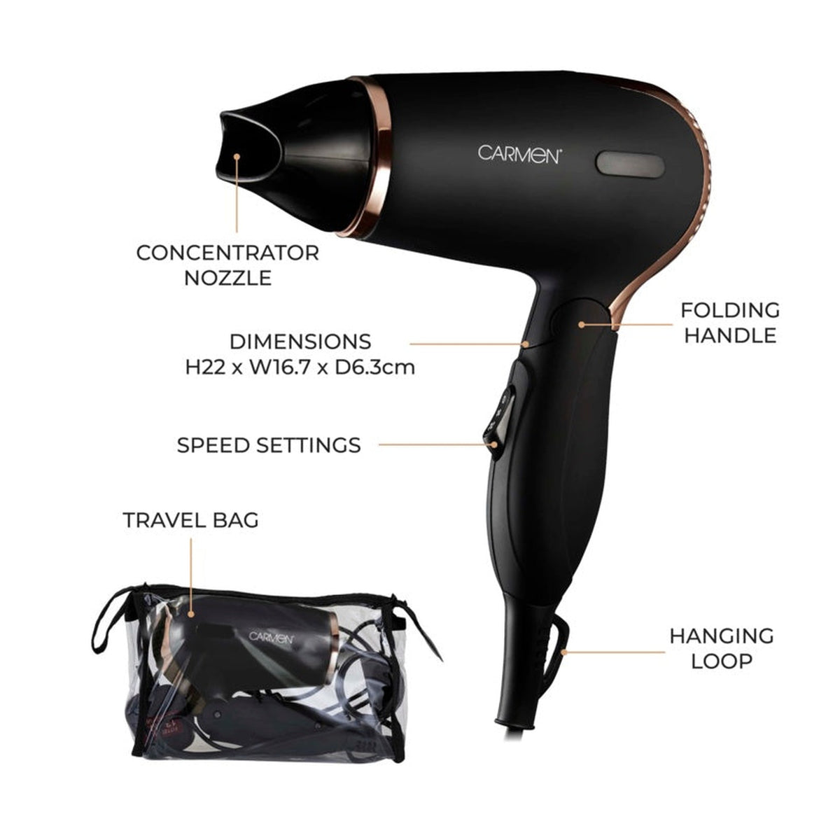 Carmen Noir 11 travel hair dryer in black, 1200W, view 6