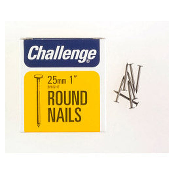 Challenge 25mm bright steel round wire nails, 225g box