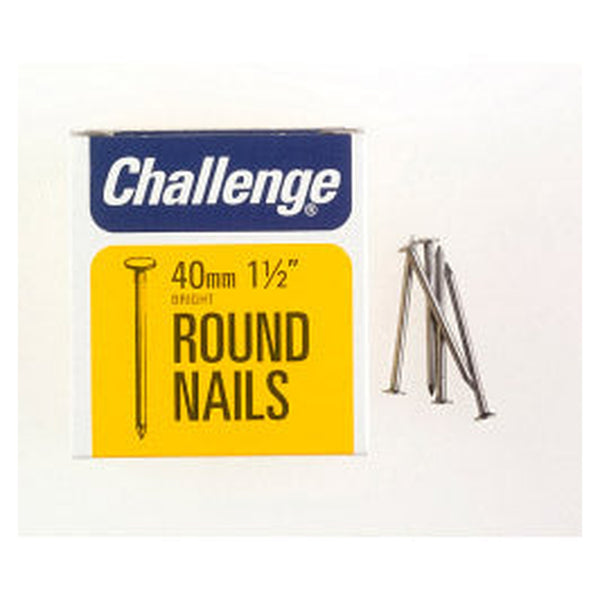 Challenge 40mm bright steel round wire nails, 225g box
