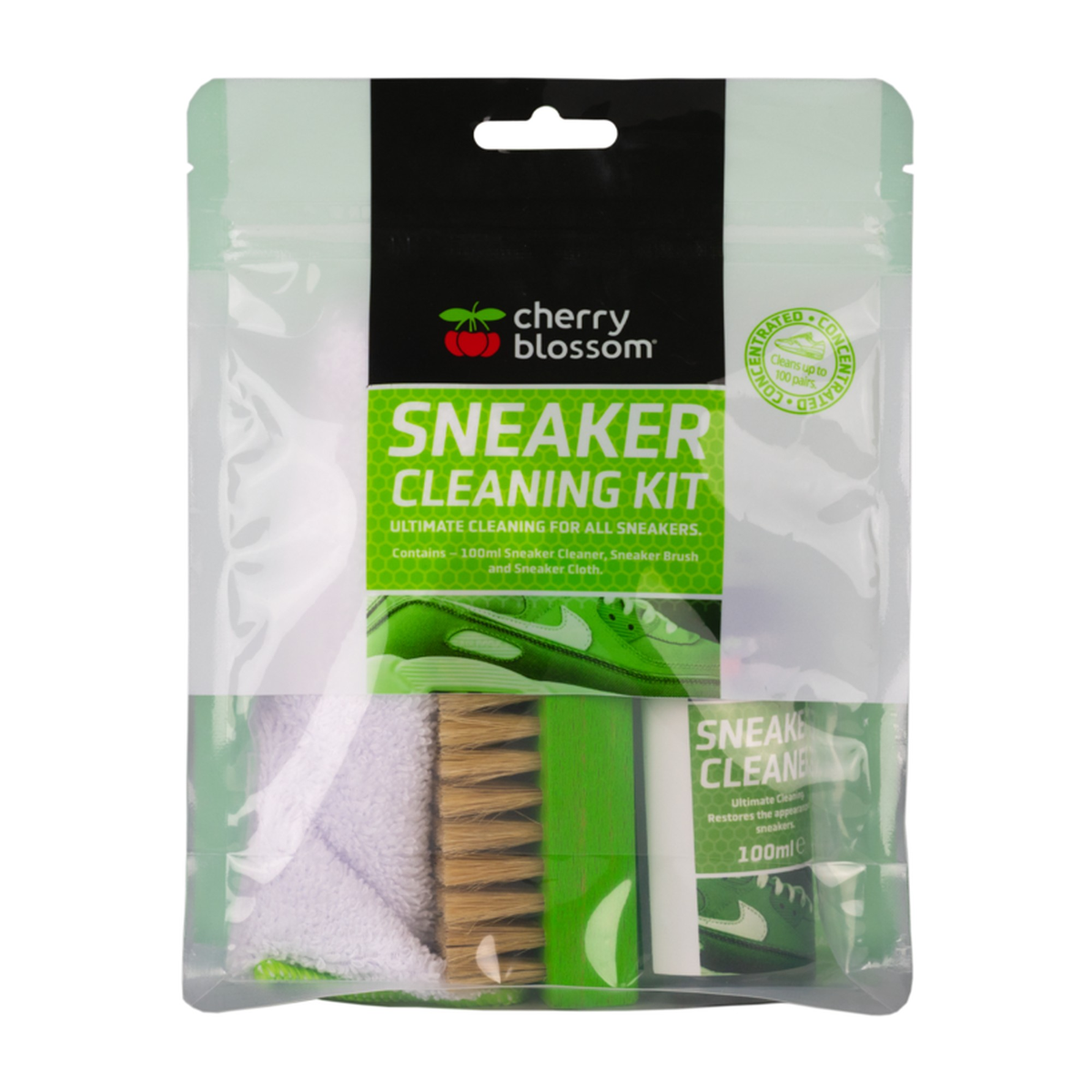 Cherry Blossom sneaker cleaning kit with 100ml cleaner, brush and cloth, view 2