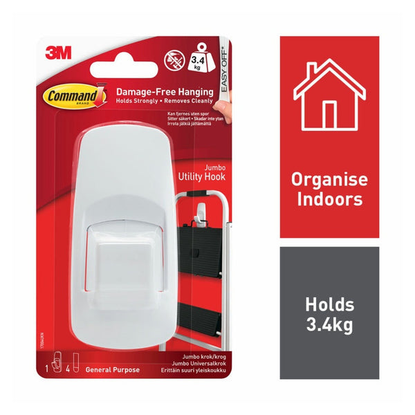 Command Jumbo utility hook in white with 4 large strips