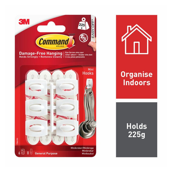 Command Mini Hooks in white with small adhesive strips, pack of 6 hooks