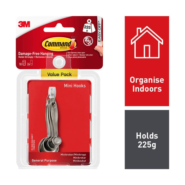 Command mini hooks value pack with 18 white hooks and 24 strips