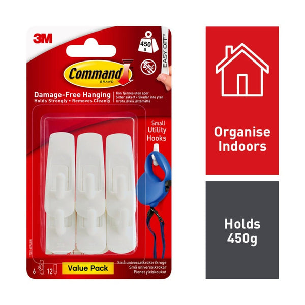 Command small white utility hooks value pack of 6 with 12 strips