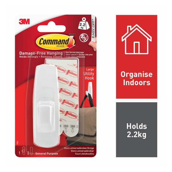 Command large white utility hook with 2 large strips