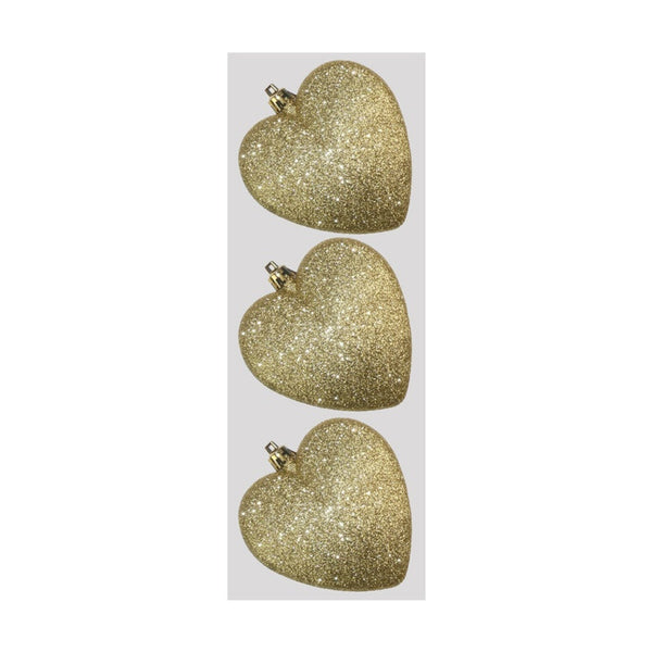Davies Products pack of 3 gold glitter heart baubles, 9cm
