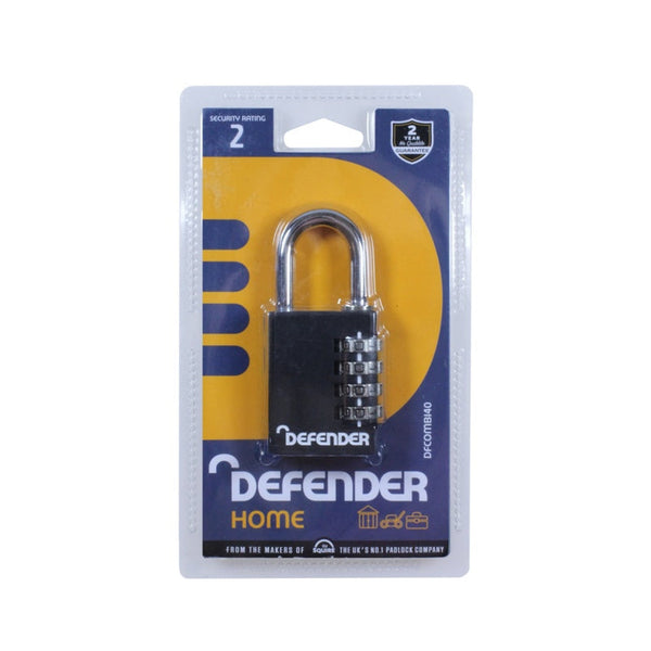 Defender 40mm black die cast combination padlock